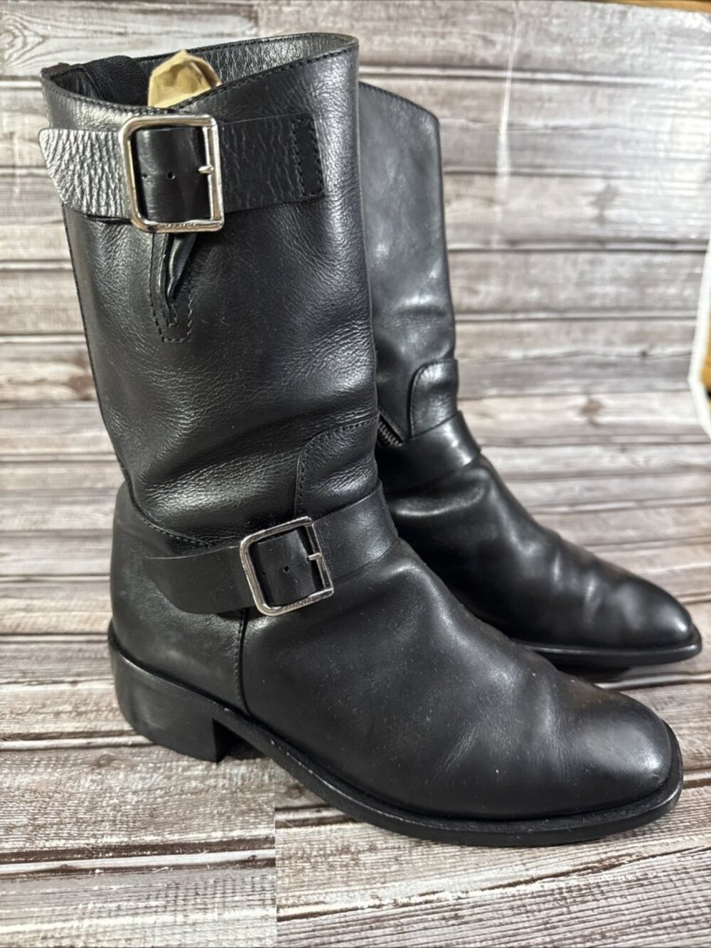 CHANEL Leather Double Buckle Zipper Detail Biker Boots Size 37 EU 7 US